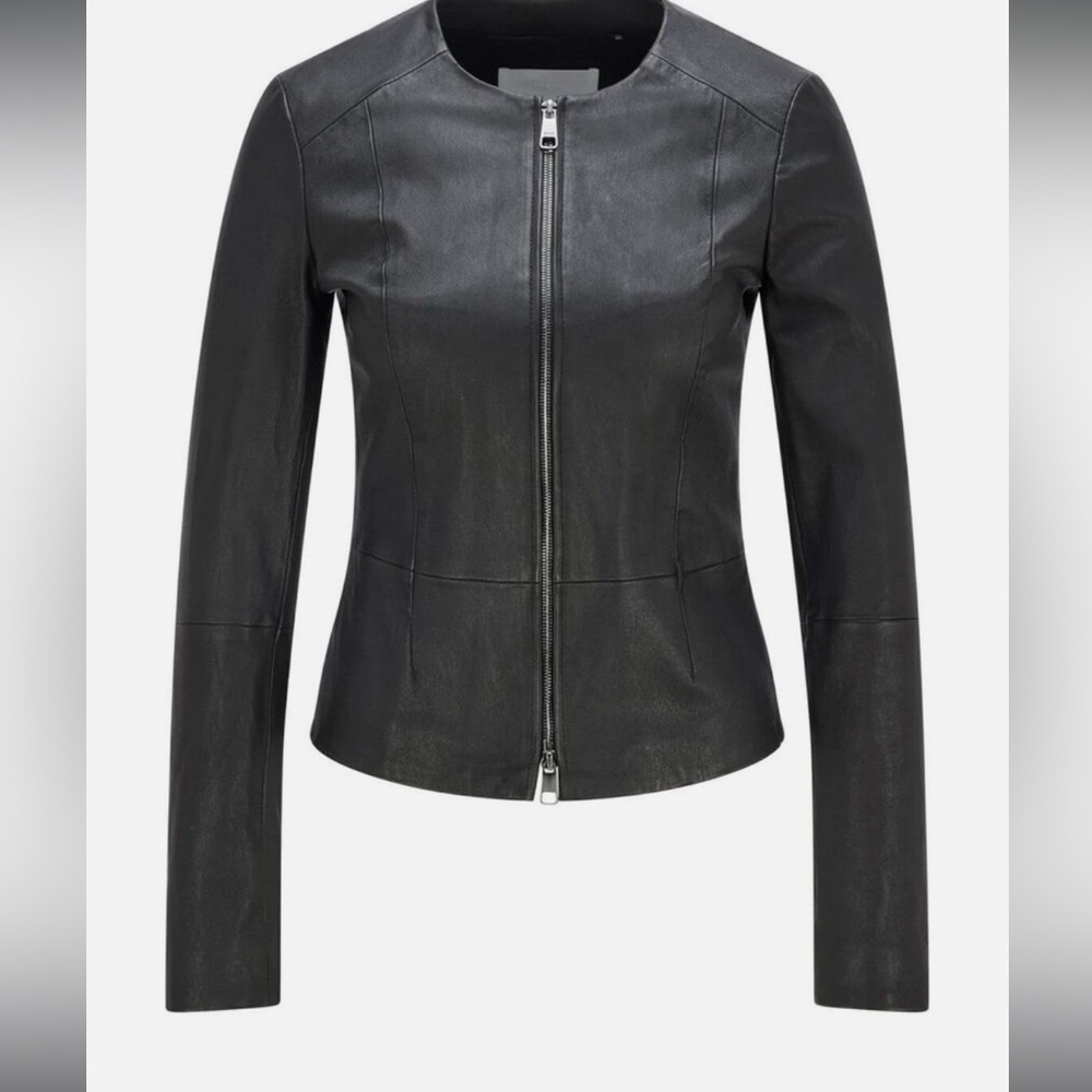 Hugo Boss slim fitted, collarless black Leather Sanoa Jacket, Size 8